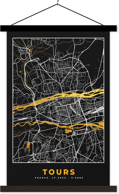 Posterhanger incl. Poster 40x60 cm - Schoolplaat - Frankrijk – Tours – Stadskaart – Plattegrond – Kaart - Textielposter - Zwarte latten - Stadskaart