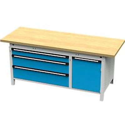 Otto Kind brede werkbank type 435, multiplexplaat van beukenhout, met overhang, tot 1400 kg, B 2004 x D 750 x H 850 mm, staal, centrale vergrendeling, lichtgrijs/lichtblauw