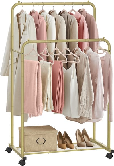 MAZAZU Luxe Dubbel Kledingrek Goud - Verrijdbaar op Wielen - Metaal - 158 cm Hoog - Met Schoenenrooster - Hotel Chique Garderobe - Belastbaar tot 45 kg