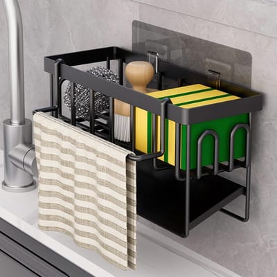 Famanu – Keuken gootsteenorganizer, sponshouder, spoeldoekhouder en automatische afvoerpan, metalen gootsteenorganizer, zonder boren (zwart)