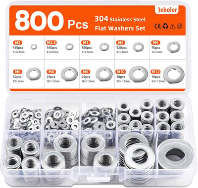 Famanu – Platte sluitringen assortiment 800 stuks A2 roestvrij staal M2 tot M12 9 maten