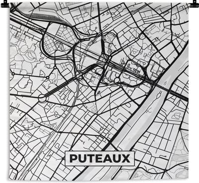 Wandkleed - Wanddoek - Kaart - Puteaux - Plattegrond - Frankrijk - Stadskaart - Zwart wit - 180x180 cm - Wandtapijt