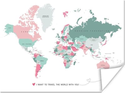 Poster - Wereldkaart - Liefde - Roze - 40x30 cm