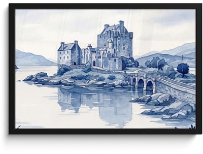 Poster in lijst - Fotolijst 60x40 cm - Posters - Schots - Kasteel - Blauw - Aquarel - Posterlijst zwart - Decoratie - Wanddecoratie woonkamer - Muurdecoratie slaapkamer