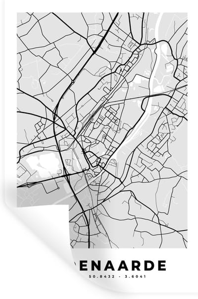 Muurstickers - Sticker Folie - Zwart Wit – België – Plattegrond – Stadskaart – Kaart – Oudenaarde - 20x30 cm - Plakfolie - Muurstickers Kinderkamer - Zelfklevend Behang - Zelfklevend behangpapier - Stickerfolie