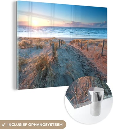 MuchoWow® Glasschilderij 40x30 cm - Schilderij acrylglas - Strand - Zee - Zon - Duin - Foto op glas - Muurdecoratie woonkamer - Wanddecoratie slaapkamer - Schilderijen - Portret van de zomer