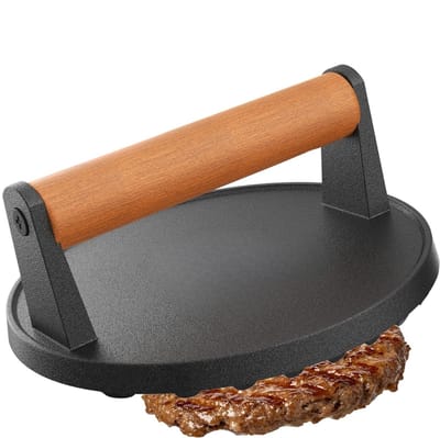 Famanu – Hamburgerpers gietijzer 16 cm, smash burgerpers met antiaanbaklaag en stevige houten handgreep