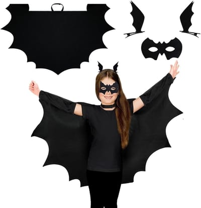 Spookachtige vleermuiscape voor kinderen met masker en haarspeld - Perfect voor Halloweenfeest, carnaval en rollenspel (L)