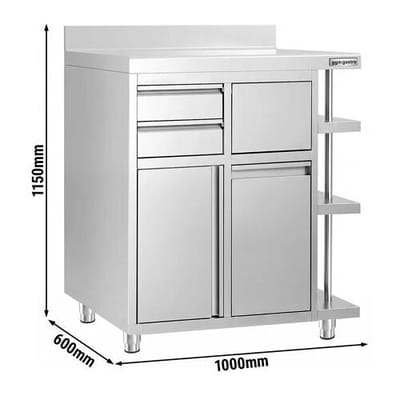 GGM Gastro Arbeitsschrank - für Kaffeemaschine - 1000x600mm - mit 1 Flügeltür, 2 Schubladen, Mülleimer, 3 Ablagen & Aufkantung