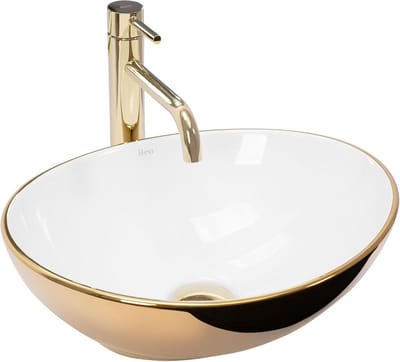 Opzetwastafel Ovaal - Keramiek Waskom - Badkamer Vernieuwen - Gepolijste Afwerking - 345x410 mm - Goud Wit