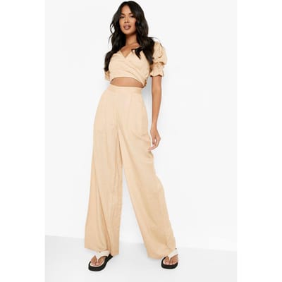 boohoo Dames Linnen Look Broek met Wijde Pijpen en Relaxte Pasvorm | Stone | Maat: 16