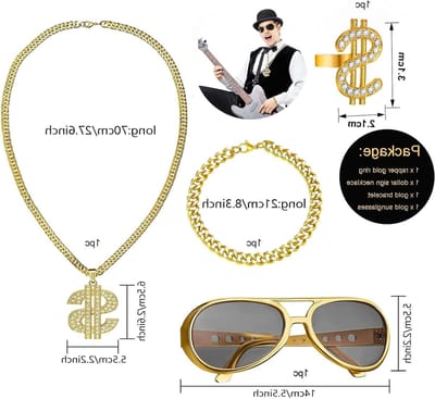 Hip Hop Kostuum Set met Gouden Dollar Ketting, Bril, Ring en Armband voor Mannen en Vrouwen, Perfect voor Feestjes en Themapartijen