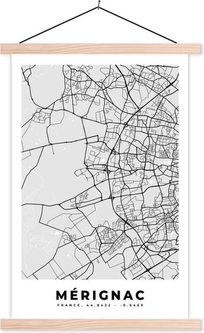 Posterhanger incl. Poster 40x60 cm - Schoolplaat - Kaart - Stadskaart - Mérignac - Plattegrond - Frankrijk - Textielposter - Blanke latten - Stadskaart