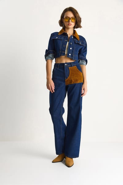 Hoge Taille Denim Co-ord Set met Kraag