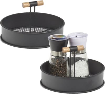 Set van 2x stuks zwarte dienbladen rond metaal/hout 20 x 11,5 cm - Keukenbenodigdheden - Dranken serveren
