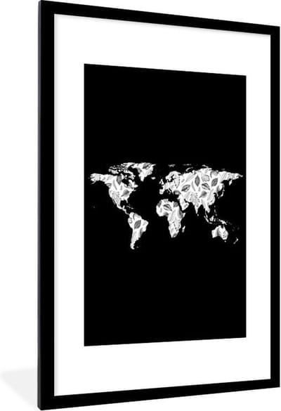 Poster in lijst - Fotolijst 80x120 cm - Posters - Wereldkaart - Bladeren- Design - Posterlijst zwart - Decoratie - Wanddecoratie woonkamer - Muurdecoratie slaapkamer