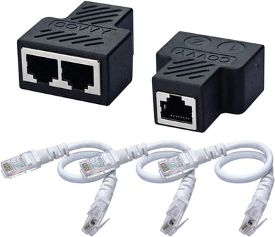 Ethernet Splitter Adapter 1 naar 2 Poorten LAN Netwerk Verlengstuk voor Cat 5/Cat 6 (2 Stuks + Kabels)