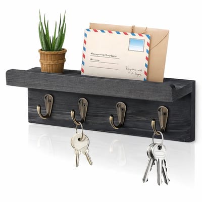 Sleutelrek Wand met Posthouder en Plank – Houten Sleutelhouder met 4 Haken – Wandrek voor Sleutels en Post – Hal Organizer – Zwart
