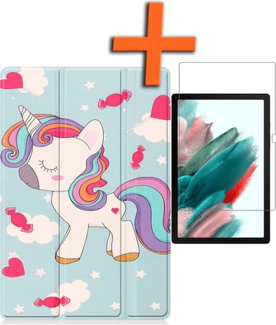 Hoesje - Geschikt voor Samsung Galaxy Tab A8 - Met Screenprotector - Trifold Bookcase - Hard Cover - Hardcover Book Case - Tablet Hoes - Eenhoorn