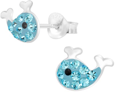 Joy|S - Zilveren walvis oorbellen - 9 x 7 mm - blauw zilver met blauw kristal - vis - kinderoorbellen