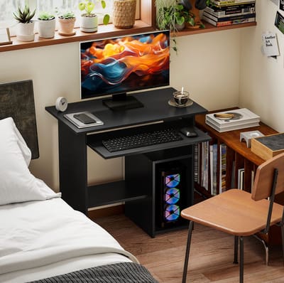 FloraGrace Computertafel - Compact Bureau Met Uitschuifbare Toetsenbordplank En Open Vakken - Voor Werkkamer En Kantoor - Zwart - 80x45x75 Cm