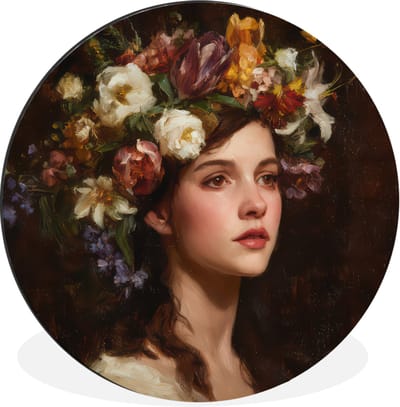 WallCircle - Wandcirkel - Muurcirkel - Portret - Vrouw - Bloemen - Aluminium - Dibond - 30x30 cm - Binnen en Buiten