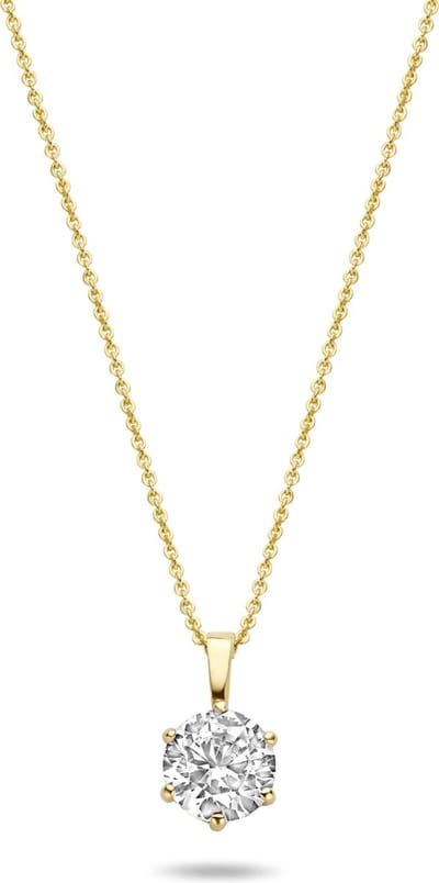 New Bling 9NBG-0234 – 14 Karaat Gouden Ketting met Solitair Hanger – Zirkonia 6 mm – 6-Poots Zetting – Verstelbaar 39 + 3 + 3 cm – Cadeau voor Dames