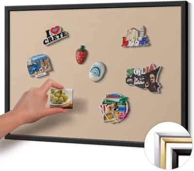 Wallfluent - Beige Magneetbord Met Effen Achtergrond - 70 cm x 50 cm - Magneetbord met Zwarte Frame - Beige kleur - Magnetisch Bord Foto Bevestiging - Magnetisch Bord Muurbevestiging - Design Magneetbord met Frame