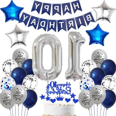 Feestelijke blauwe en zilveren ballonnen voor de 10e verjaardag van een jongen - verjaardagsdecoratie en feestartikelen voor jongens verjaardagsfeest
