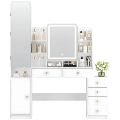 Kaptafel – Voor Slaapkamer & Dressing – Met Spiegel, LED-Verlichting, Sieradenvak, 8 Open Vakken, 6 Lades en 1 Extra Vak – Wit