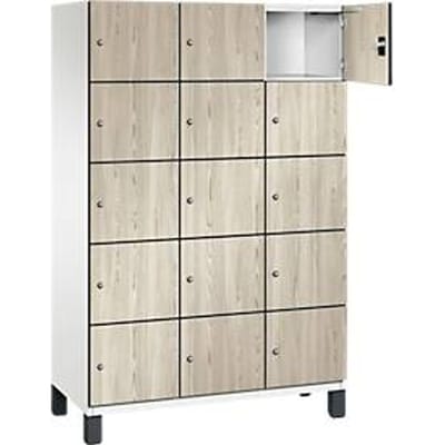 C+P Cambio lockerkast, 3 vakken, 15 vakken, op poten, B 1200 x D 525 x H 1980 mm, verkeerswit/ essen decor