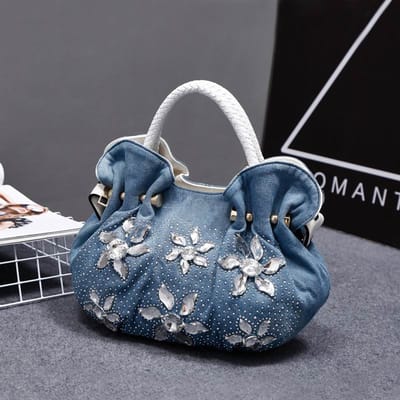 Dames Denim Tassen Zoet Blauw Patroon Handtassen van Hoge Kwaliteit met Diamant Dames Tote Bag Schoudertassen wit