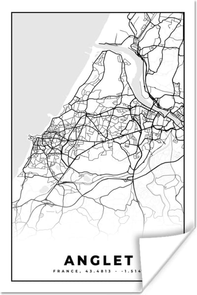 Poster Anglet - Stadskaart – Plattegrond – Kaart – Frankrijk - Zwart wit - 120x180 cm XXL