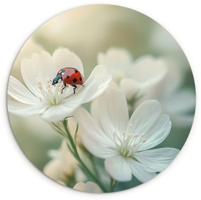 WallCircle® Wandcirkel 120x120 cm - Muurcirkel Lieveheersbeestje - Bloemen - Wit - Muurdecoratie woonkamer - Wanddecoratie slaapkamer - Kamer decoratie accessoires - Ronde schilderijen XXL