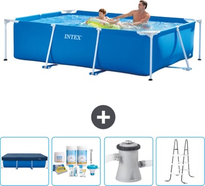 Intex Rechthoekig Frame Zwembad - 260 x 160 x 65 cm - Blauw - Inclusief Afdekzeil - Onderhoudspakket - Zwembadfilterpomp - Ladder