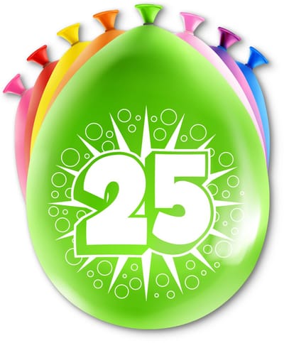 LUQ – Latex Ballonnen Happy Party 25 Jaar – 8 Stuks – Veelkleurig – Verjaardag Decor – Feest Versiering – Helium Ready