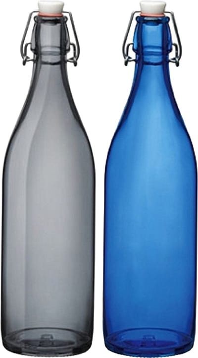 Bormioli Rocco deco of weckflessen set - 2x stuks - met beugeldop - 30 cm - 1 liter - blauw en grijs - Giara water fles
