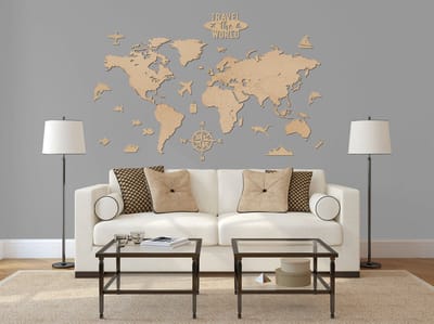 Houten Wereldkaart BUDGET - MDF - Met Figuurtjes - Muurdecoratie - 140 x 75 CM - Wanddecoratie - Landkaart