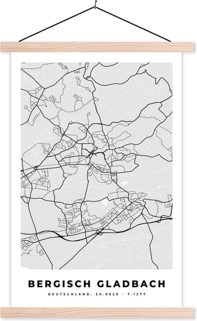 Posterhanger incl. Poster 40x60 cm - Schoolplaat - Plattegrond - Bergisch Gladbach - Kaart - Stadskaart - Duitsland - Textielposter - Blanke latten - Stadskaart