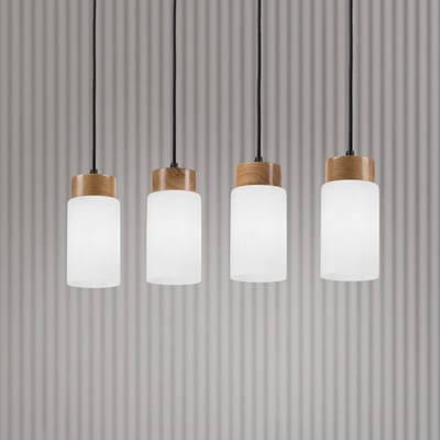 Lamkur Markus hanglamp, opaalglas/eikenhout, lengte 80 cm 4-lamps.