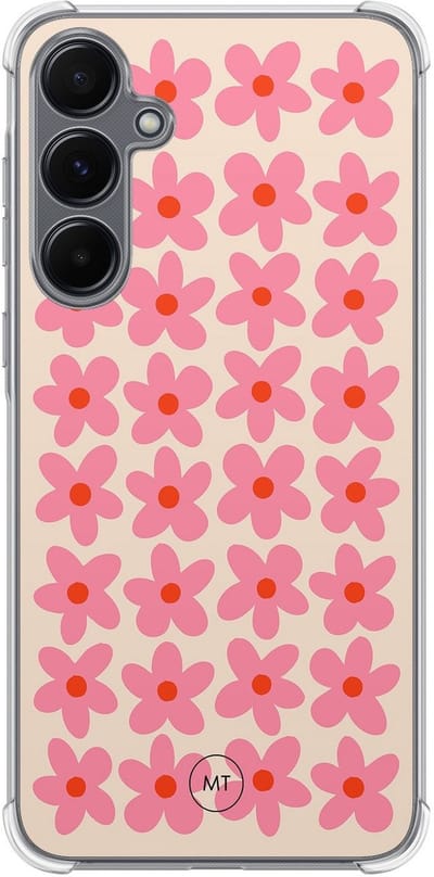 Hoesje (shockproof) geschikt voor Samsung Galaxy A15 - Retro Blooms - Extra sterke case - TPU/polycarbonaat - Bloemen - Roze, Transparant