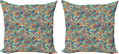 ABAKUHAUS Marokkaanse decoratieve kussenhoes, 2-pack, Oosterse motiev 40x40 cm, mosterdgroen meerkleurig