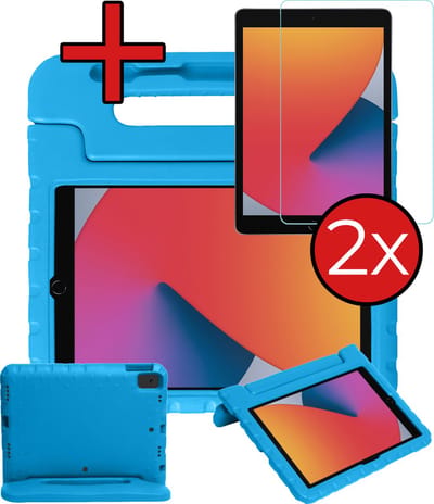 Hoesje - Geschikt voor Apple iPad 7/8 (2019/2020) - 10.2 inch - 7e/8e Generatie - Met 2x Screenprotector - Kinderhoes - Shockproof Bumper - Kidsproof Case - Tablethoes - Kinder Hoes Cover - Blauw