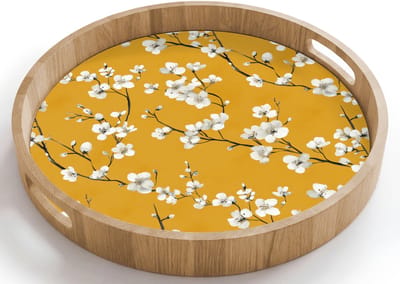 Dienblad rond 40x40 cm - Schootdienblad hout - Bloesemtak - Aquarel - Geel - Borrelplank rechthoek - Plateau houten dienbladen