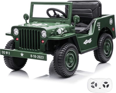 Willys Legerjeep Elektrische Kinderauto 1 tot 6 jaar – Klassiek Militair Accuvoertuig met Lederen Zitje & Schokdempers – 12V Kinderauto met Afstandsbediening, Bluetooth & Inclusief Schup – Groen