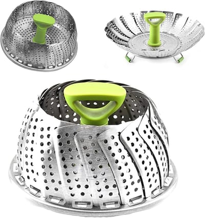 Vouwbare RVS Groentestomer met Verstelbare Handgreep en Antislip Voeten voor Keuken en Afwasmachine, Perfect voor Gezond Koken en Stomen