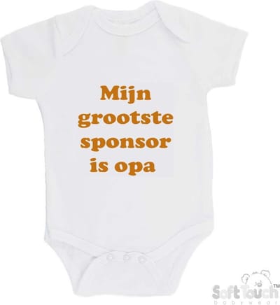 100% katoenen Romper "Mijn grootste sponsor is opa" Unisex Katoen Wit/tan Maat 62/68