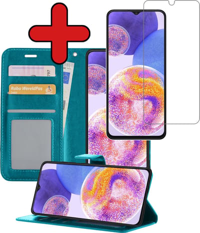 Hoesje - Met Screenprotector - Geschikt voor Samsung Galaxy A23 - Luxe Pasjeshouder - Flipcase - Bookcase Portemonee - Flip Case - Kunstleer Book Case - Book Cover - Walletcase - Portemonneehoes - Telefoonhoes - Turquoise