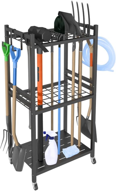 Unyqoos ® Tuingereedschap Opslag en Organisatiesysteem met Wielen en Haken voor Binnen- en Buitengebruik