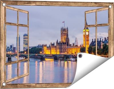 Gards Tuinposter Doorkijk London Big Ben en Westminster Brug - 60x40 cm - Tuindoek - Tuindecoratie - Wanddecoratie buiten - Tuinschilderij